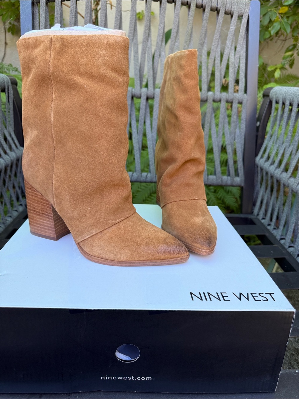 Nine West Chaye Tan Suede Pointed Toe Slouch Ankle Boots
